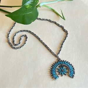 Squash blossom fashion necklace, silver tone and faux turquoise, unmarked